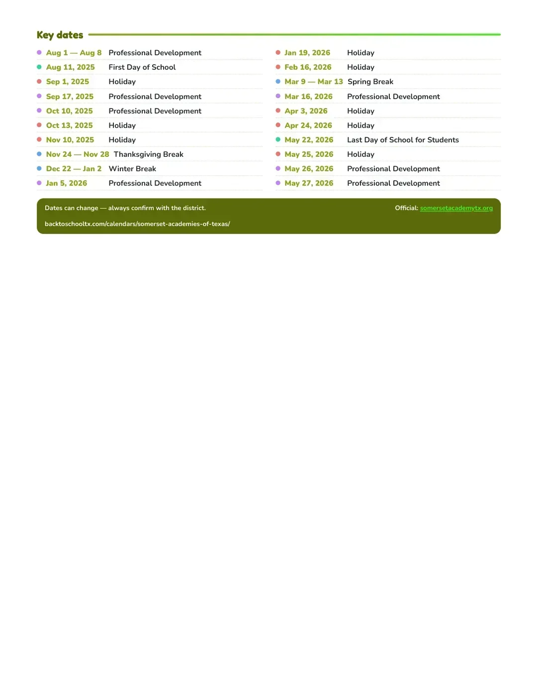 Somerset Academies Of Texas Calendar for the Year 26-27 — key dates