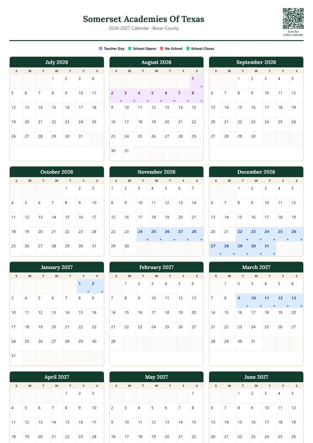 Somerset Academies Of Texas printable 2026–2027 calendar