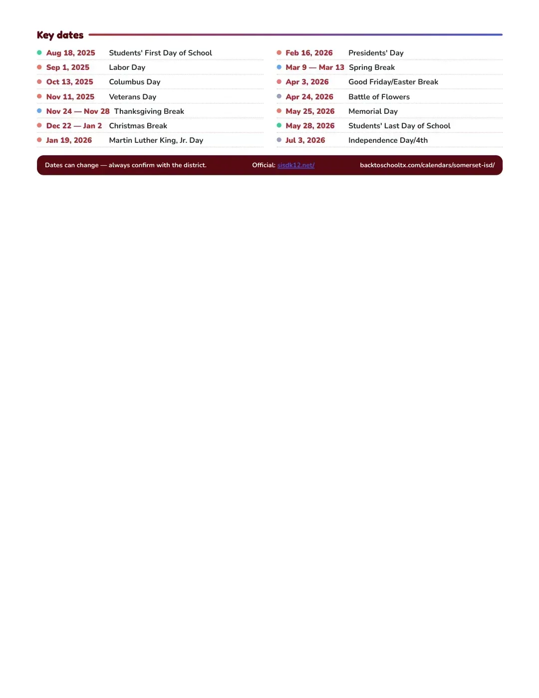 Somerset ISD Calendar for the Year 26-27 — key dates