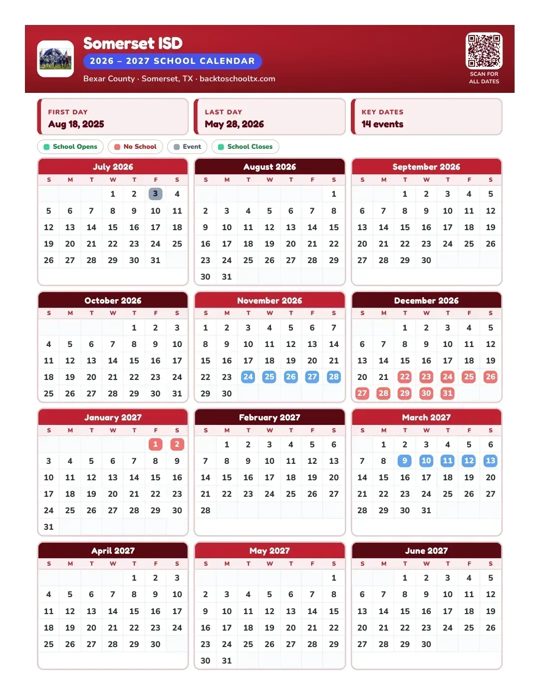 Somerset ISD Calendar for the Year 26-27