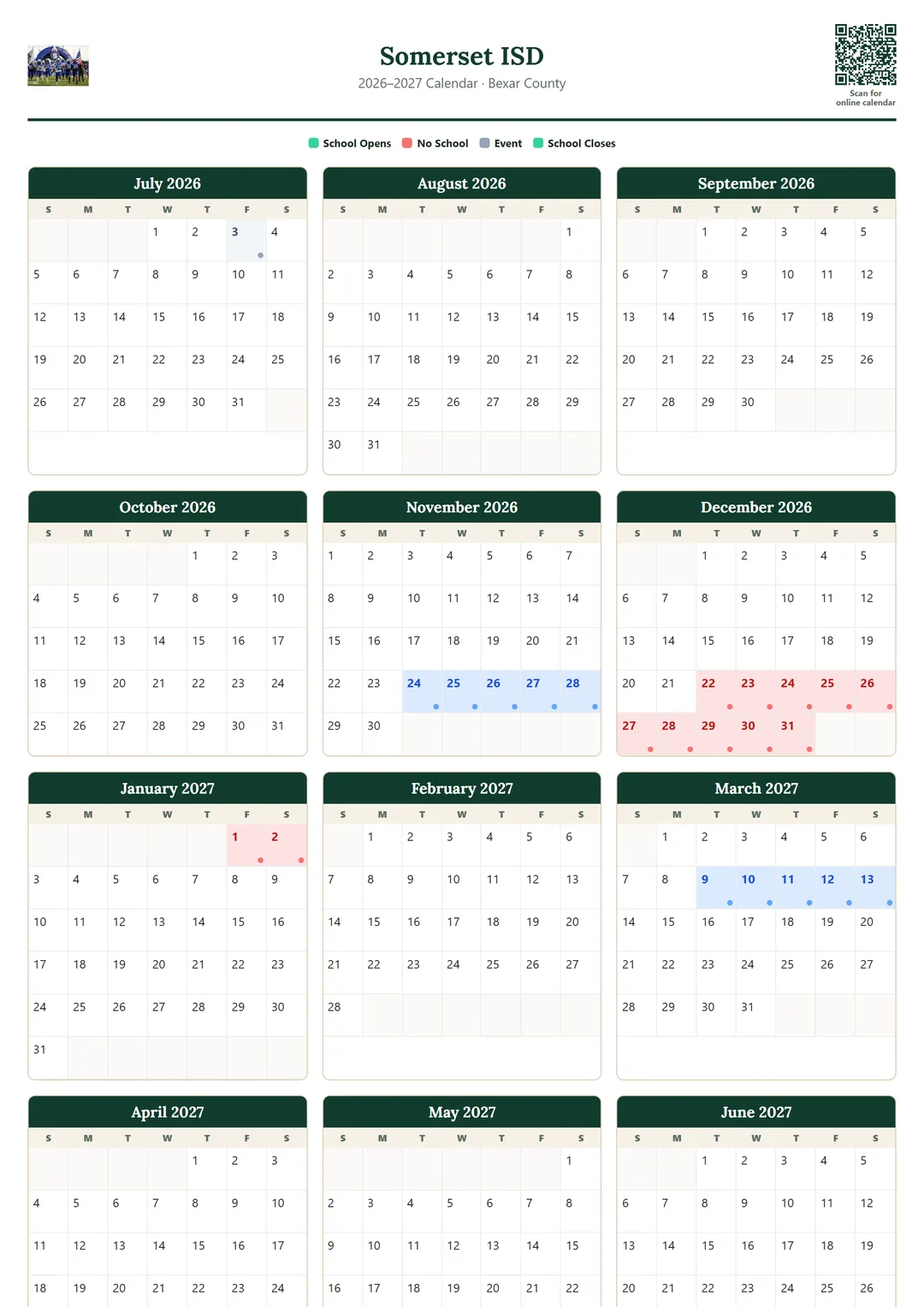 Somerset ISD printable 2026–2027 calendar