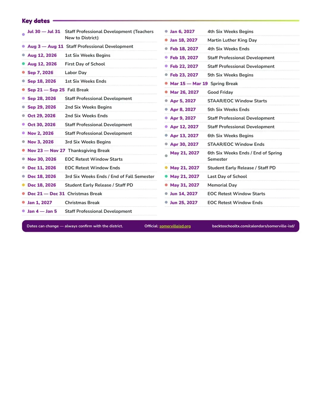 Somerville ISD Calendar for the Year 26-27 — key dates