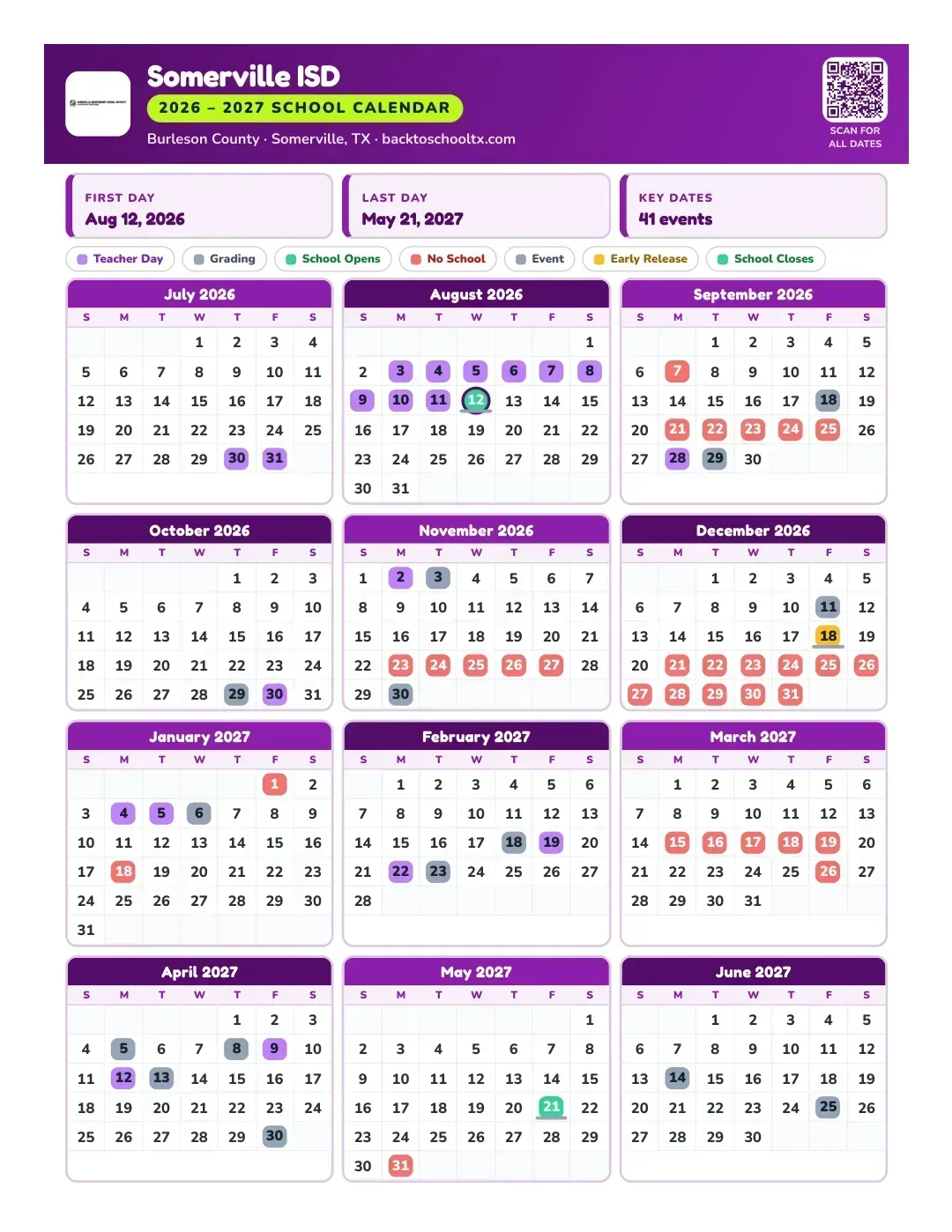Somerville ISD Calendar for the Year 26-27