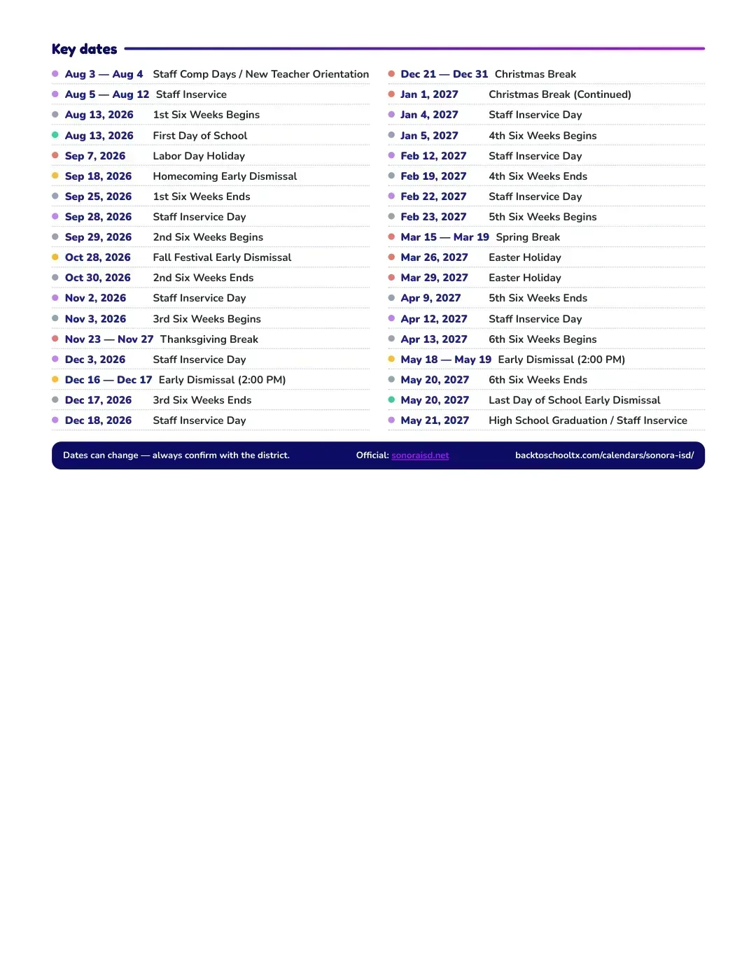 Sonora ISD Calendar for the Year 26-27 — key dates