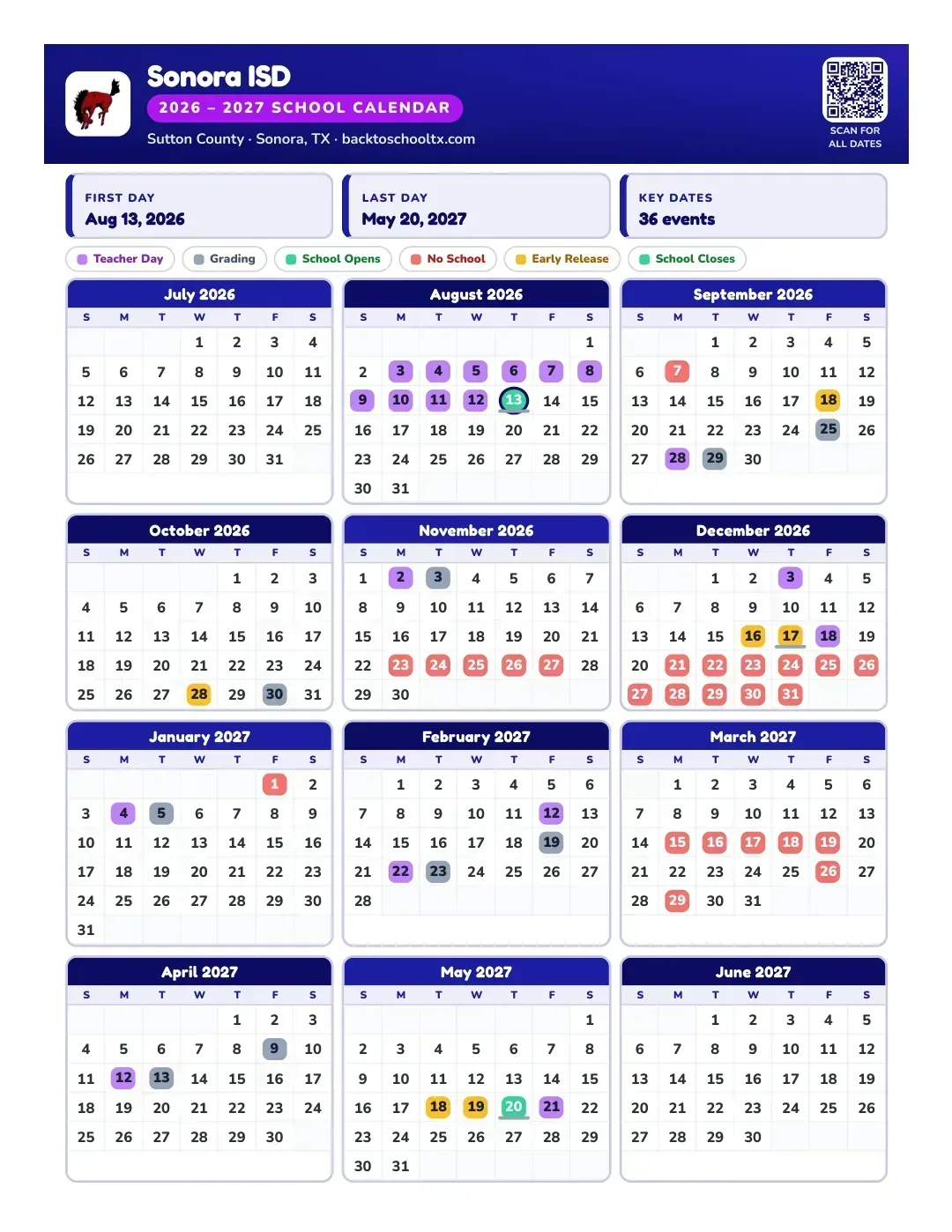 Sonora ISD Calendar for the Year 26-27