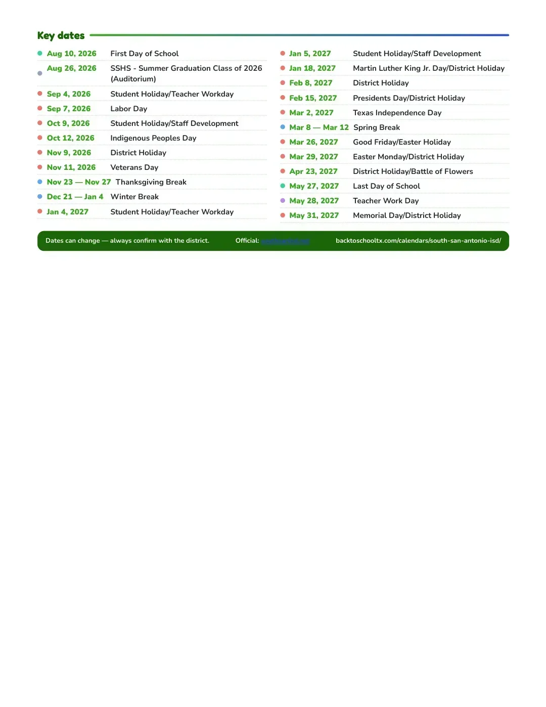 South San Antonio ISD Calendar for the Year 26-27 — key dates