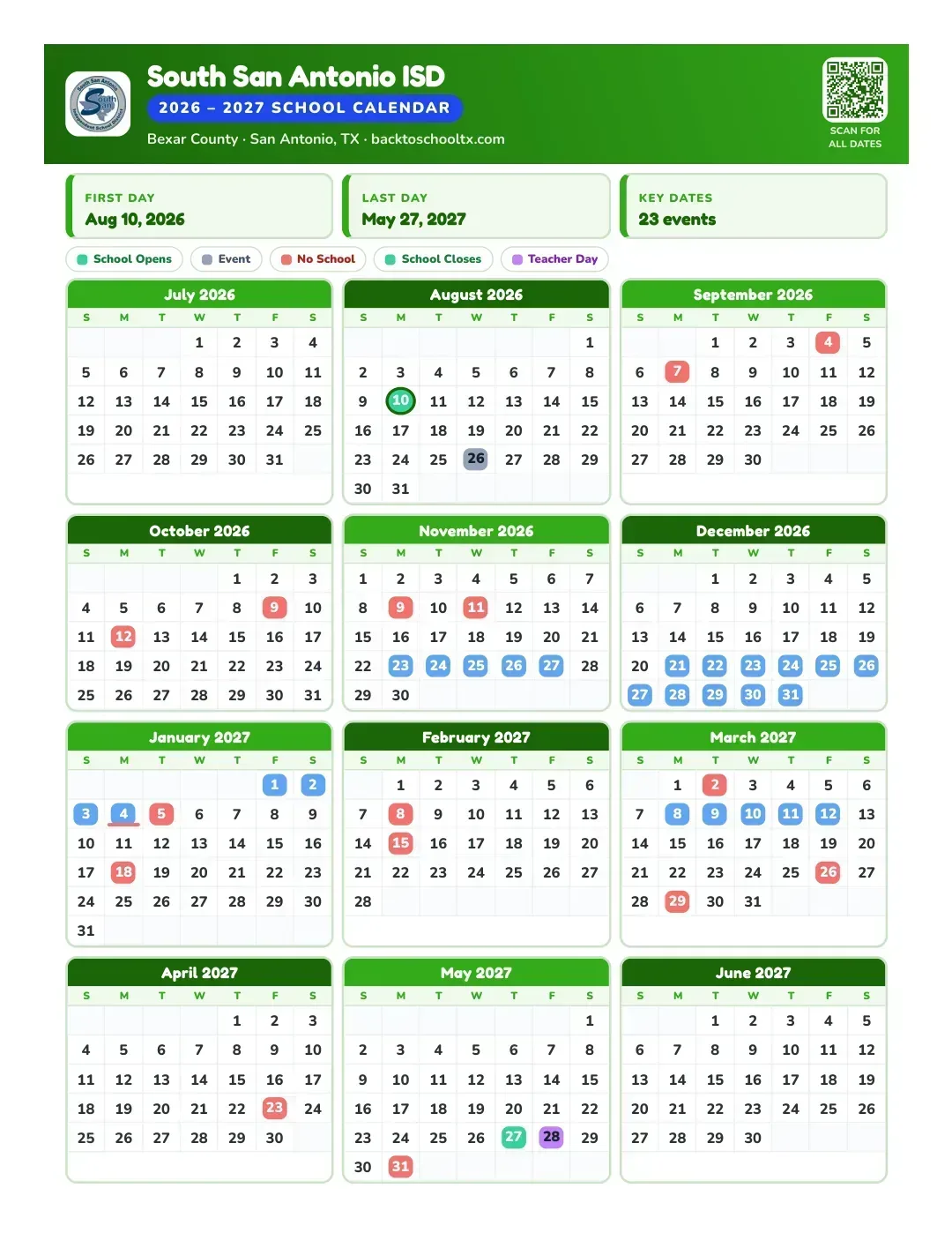 South San Antonio ISD Calendar for the Year 26-27