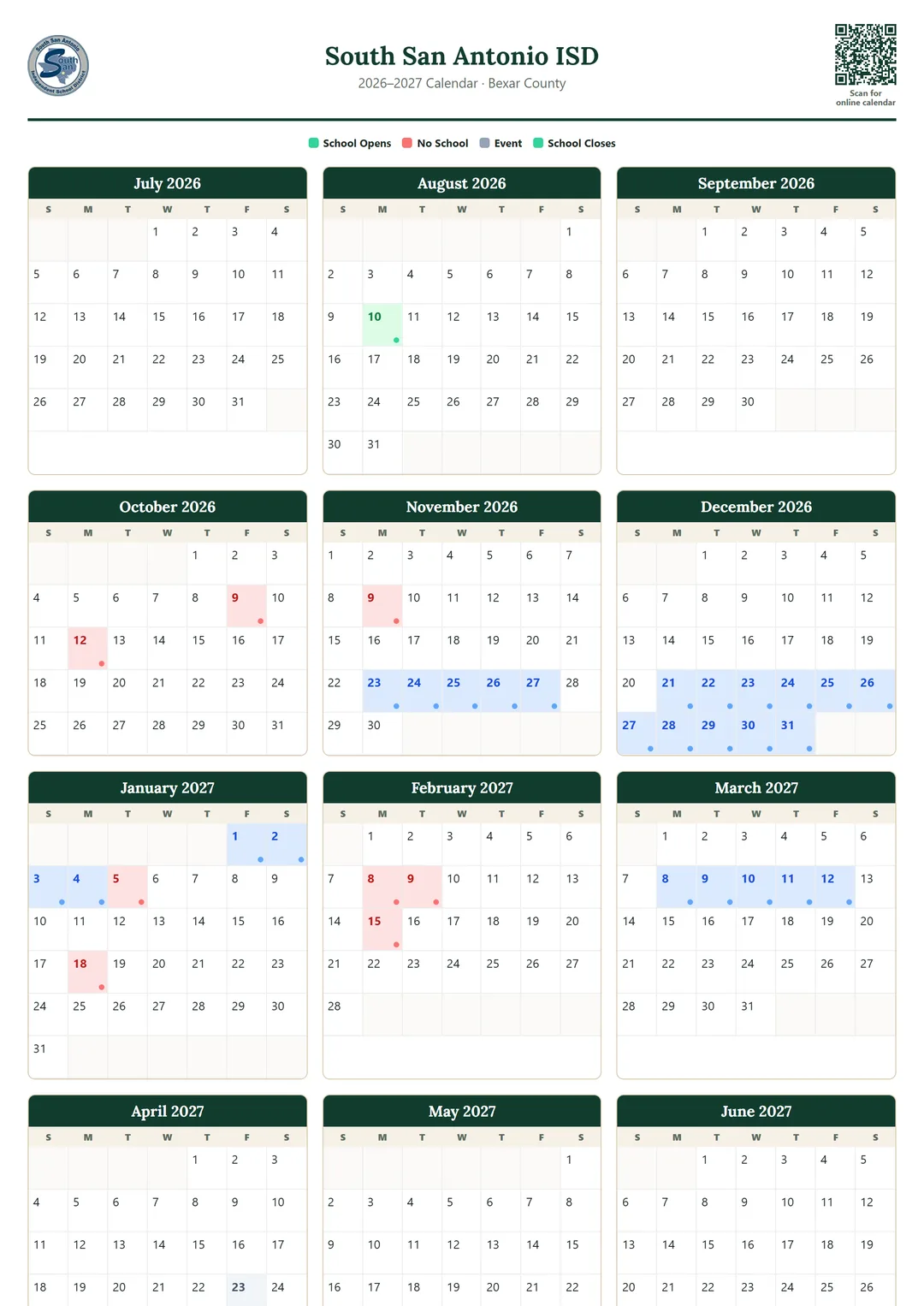 South San Antonio ISD printable 2026–2027 calendar
