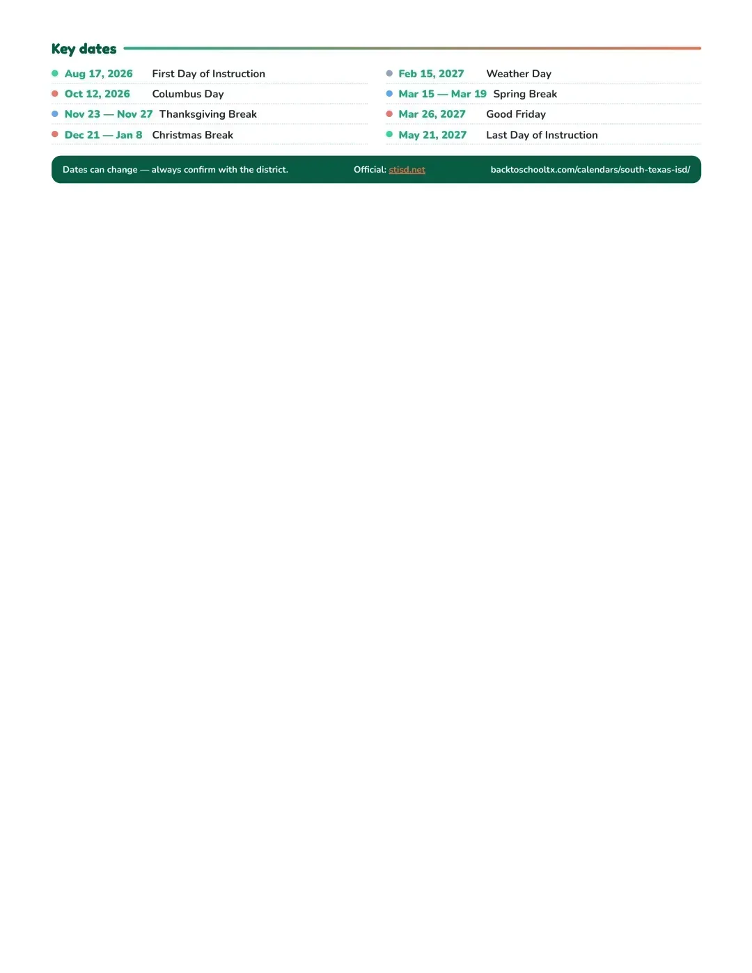 South Texas ISD Calendar for the Year 26-27 — key dates