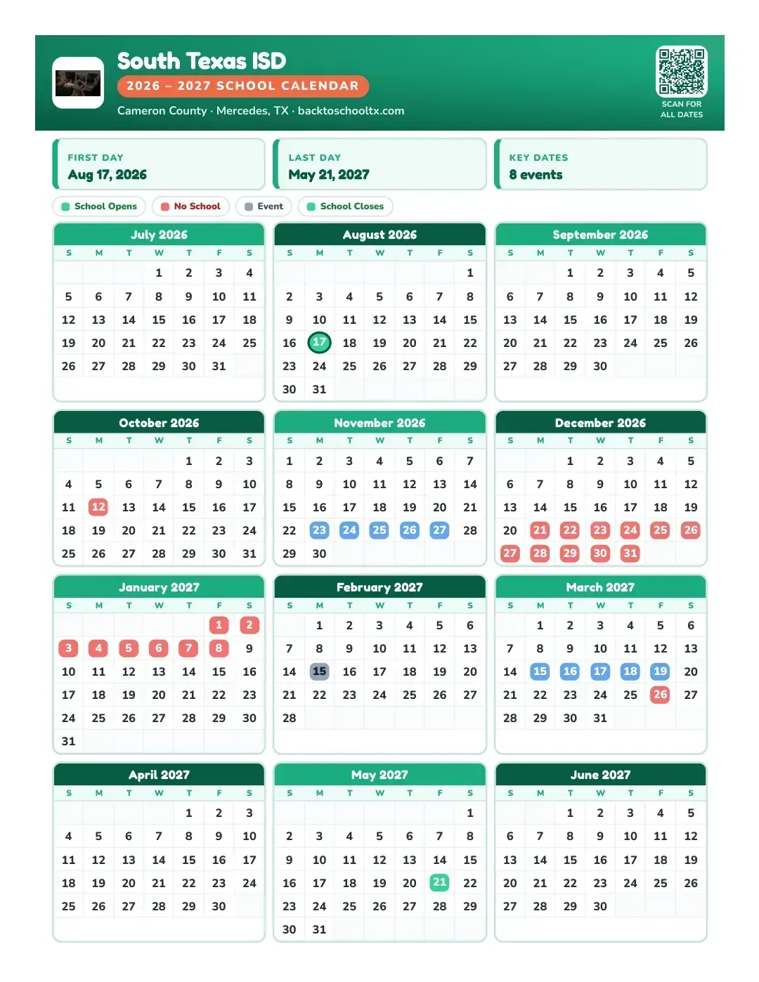 South Texas ISD Calendar for the Year 26-27