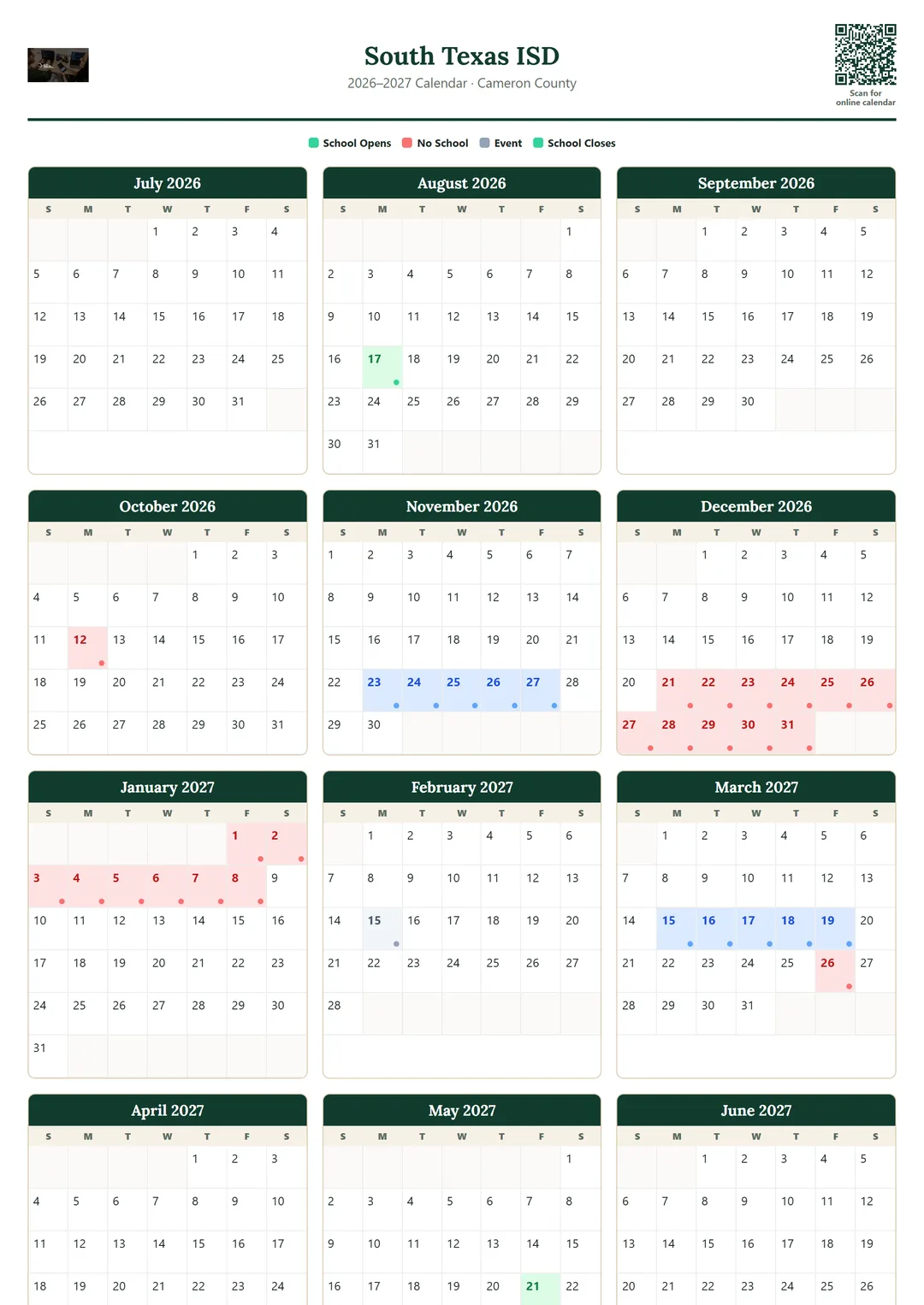 South Texas ISD printable 2026–2027 calendar