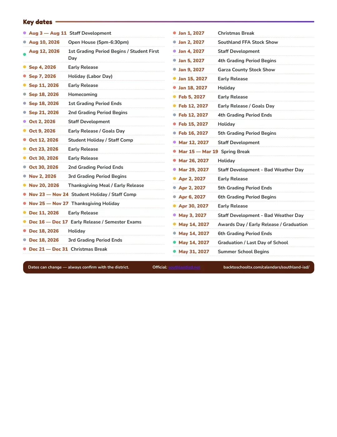 Southland ISD Calendar for the Year 26-27 — key dates