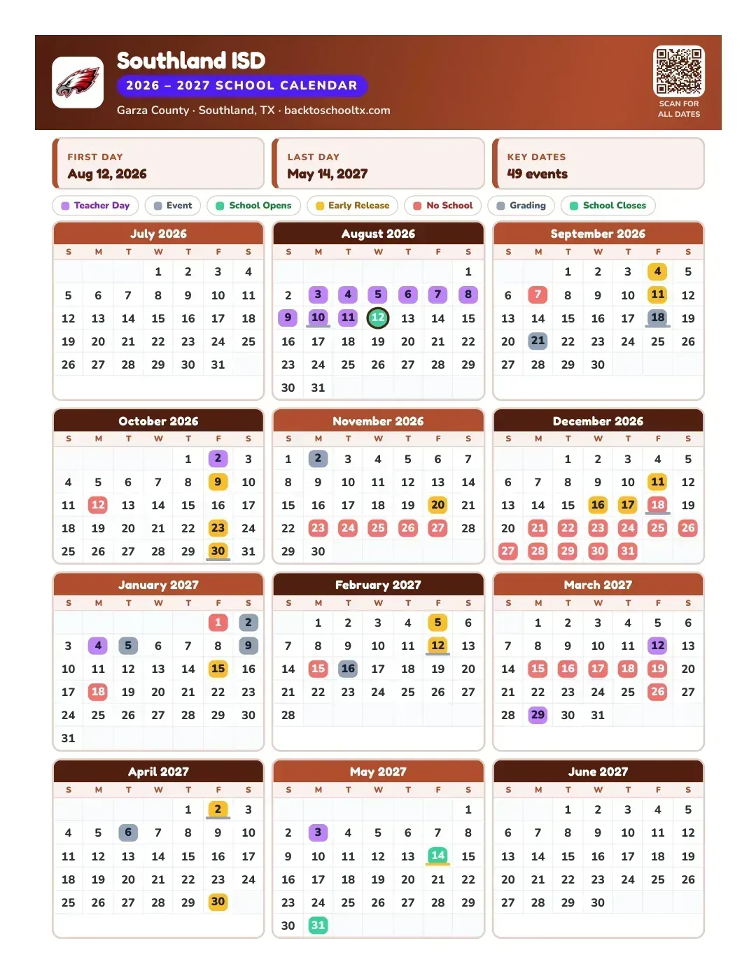 Southland ISD Calendar for the Year 26-27