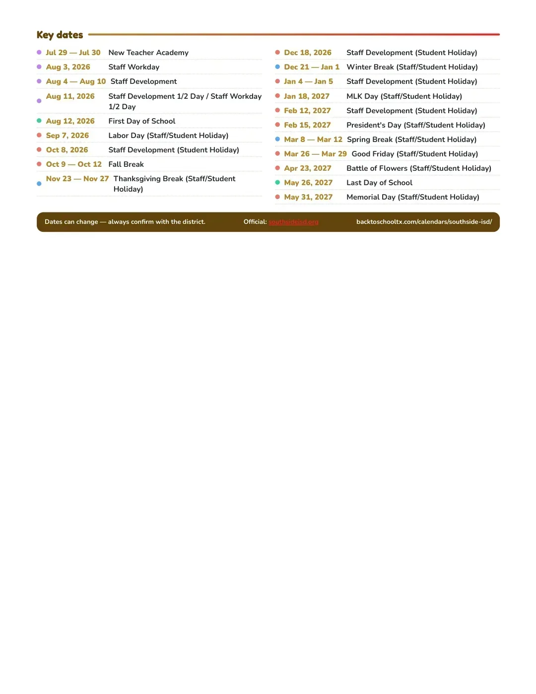 Southside ISD Calendar for the Year 26-27 — key dates