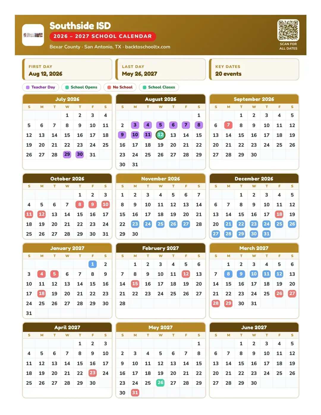 Southside ISD Calendar for the Year 26-27