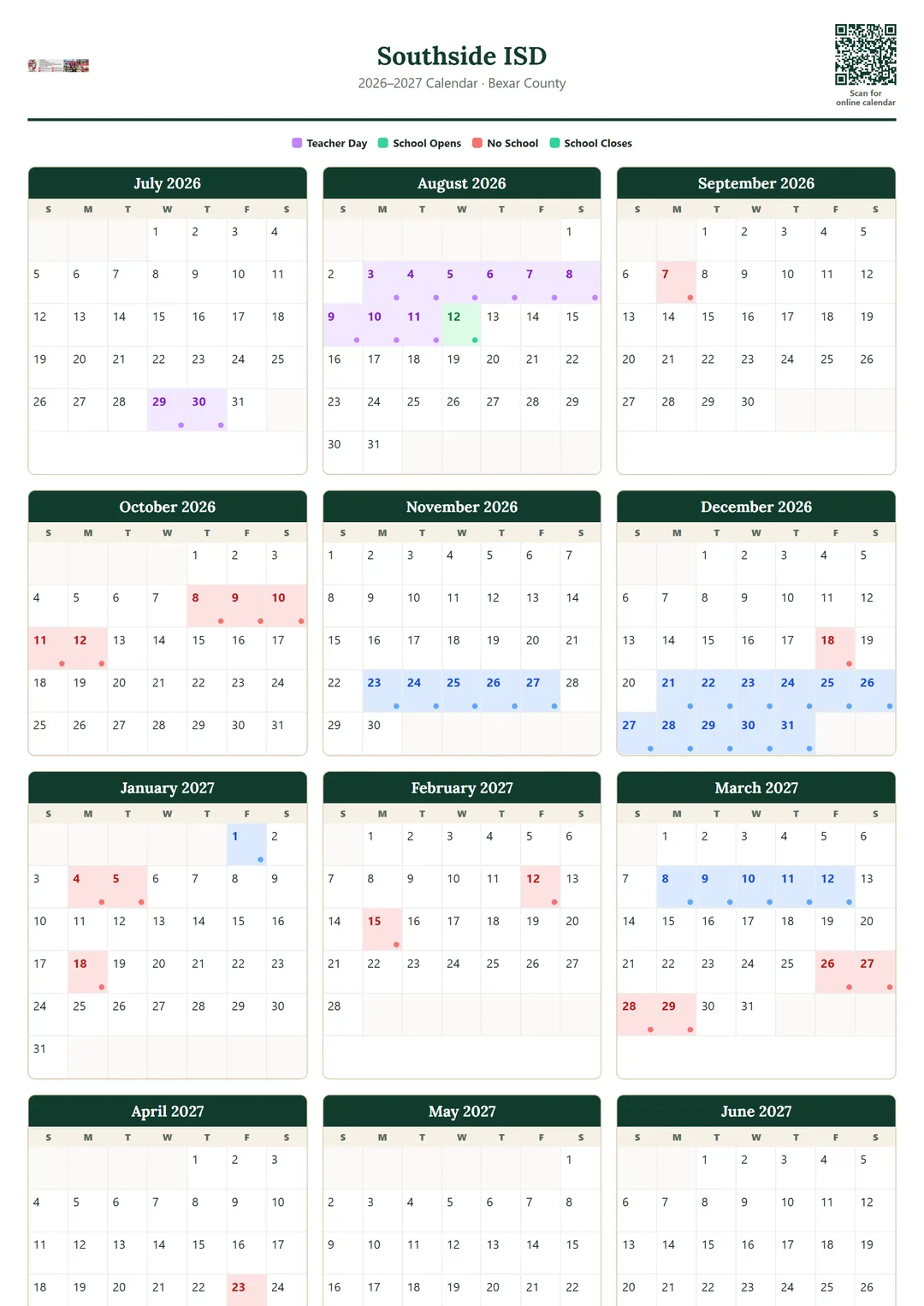 Southside ISD printable 2026–2027 calendar