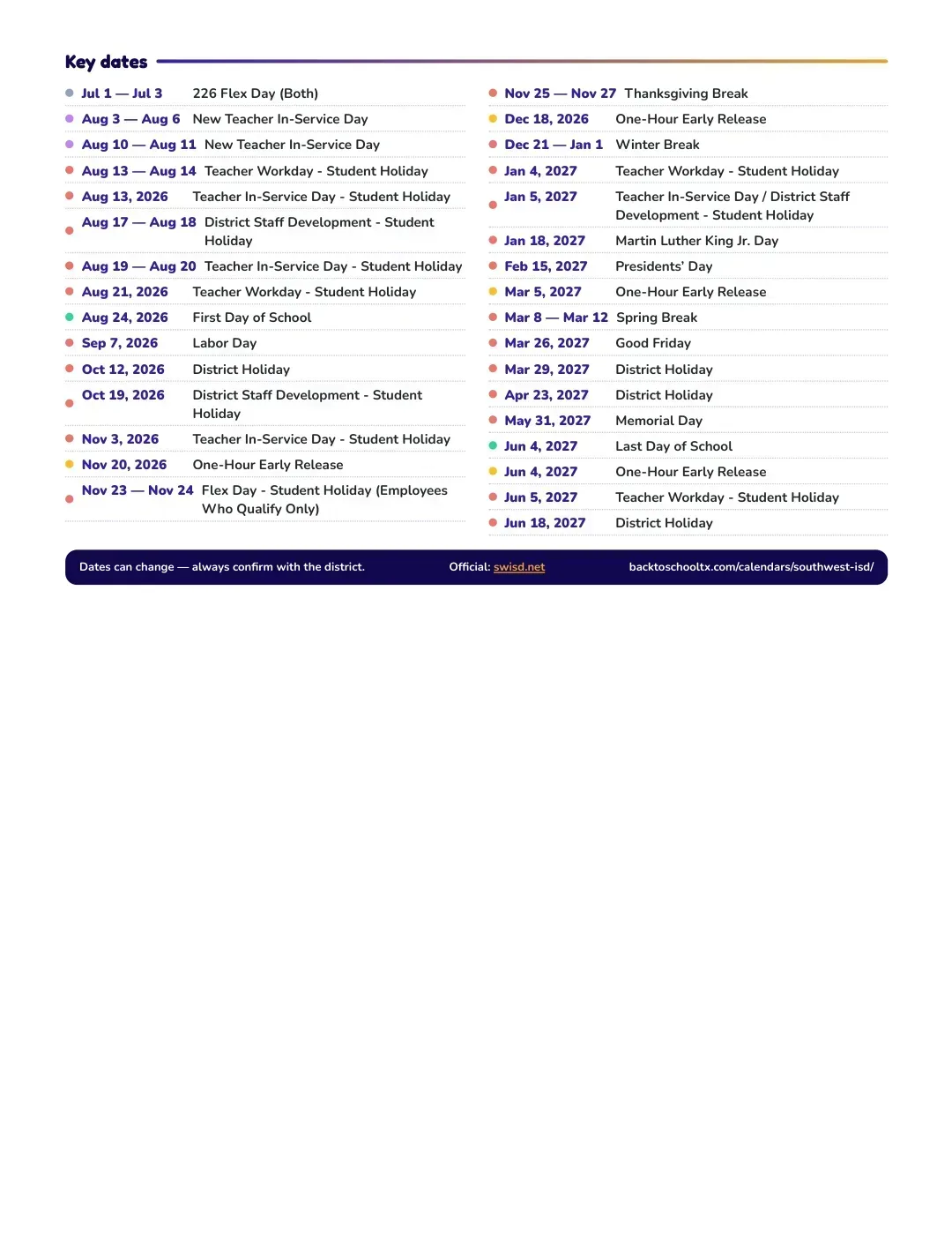 Southwest ISD Calendar for the Year 26-27 — key dates