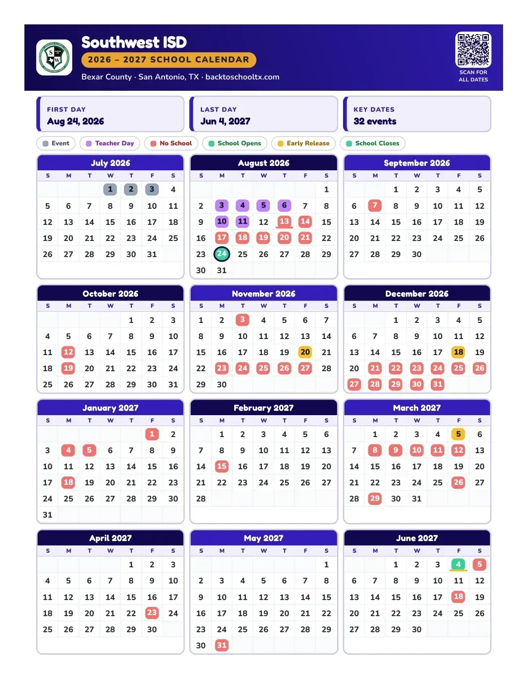 Southwest ISD Calendar for the Year 26-27