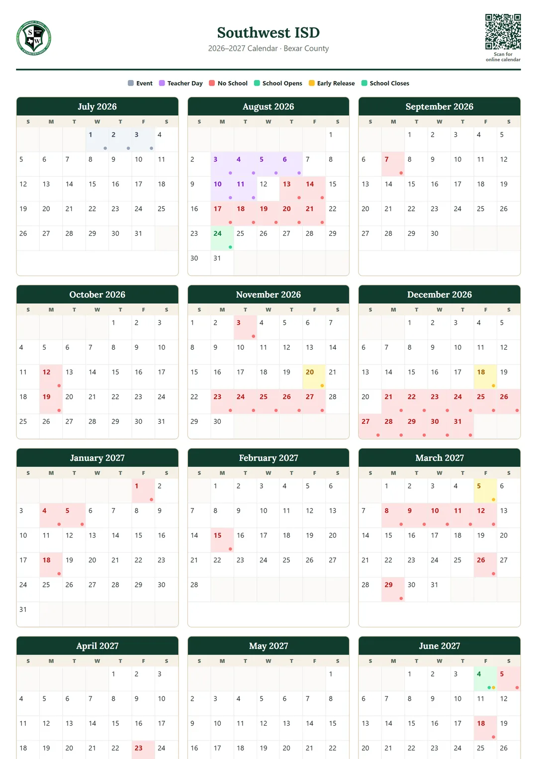 Southwest ISD printable 2026–2027 calendar