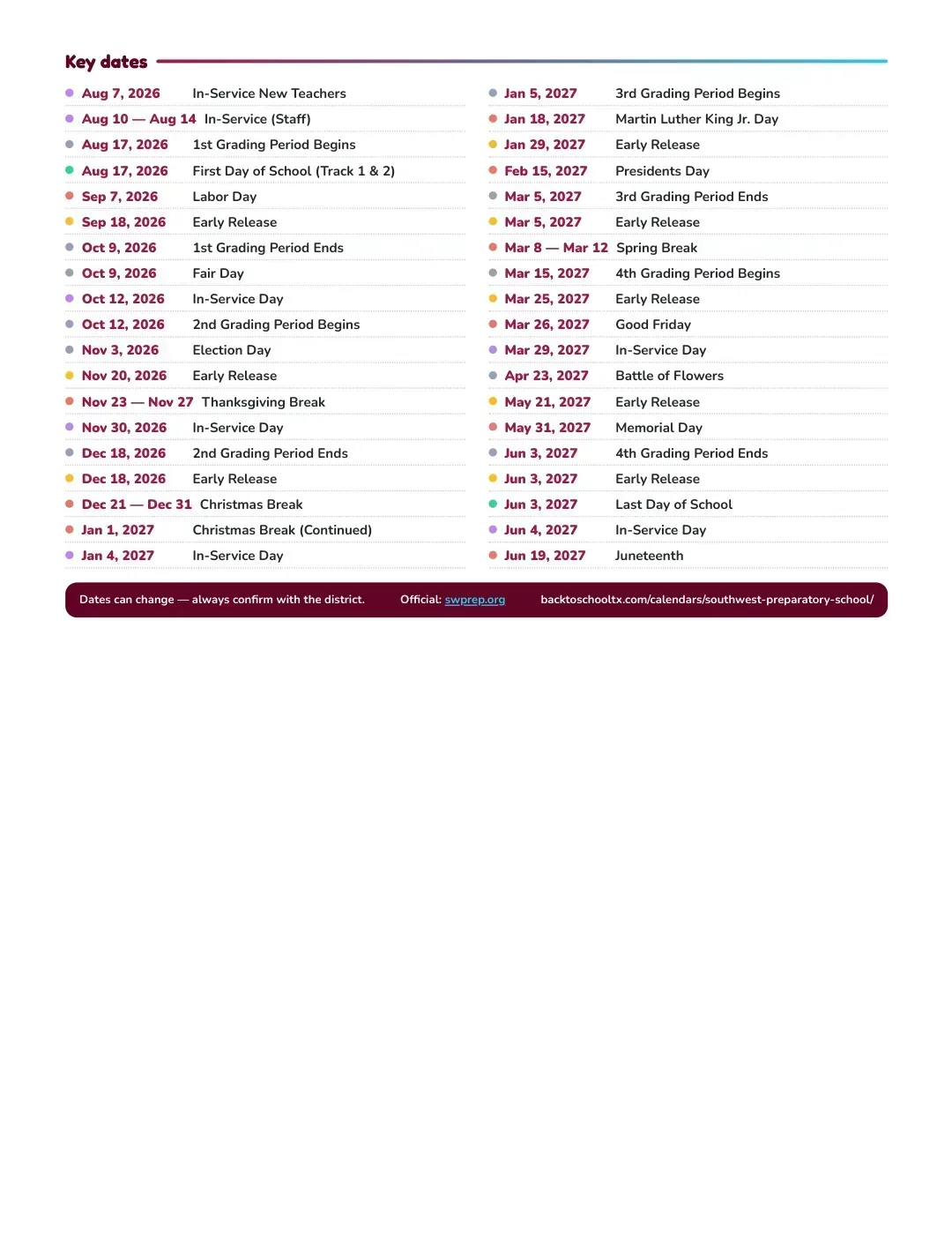 Southwest Preparatory School Calendar for the Year 26-27 — key dates