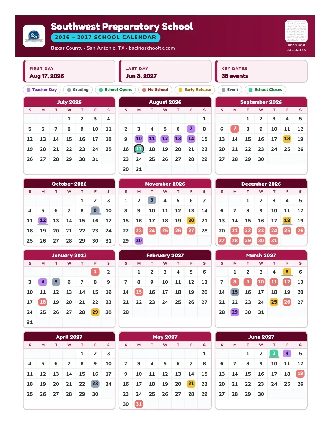 Southwest Preparatory School Calendar for the Year 26-27