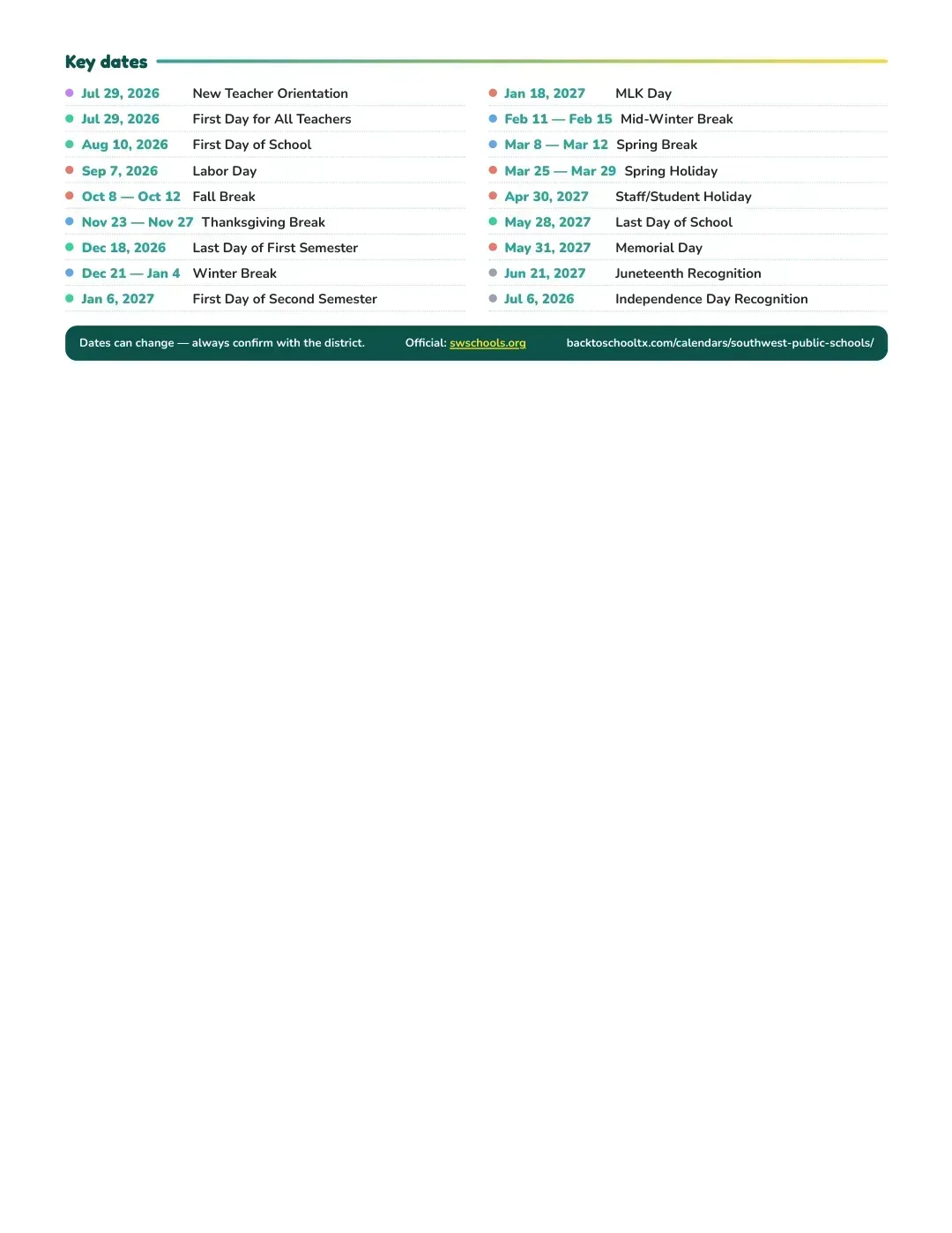 Southwest Public Schools Calendar for the Year 26-27 — key dates