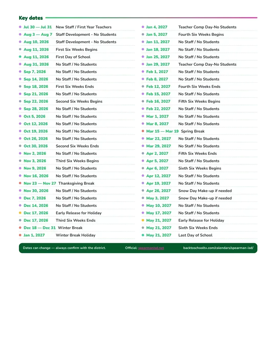 Spearman ISD Calendar for the Year 26-27 — key dates