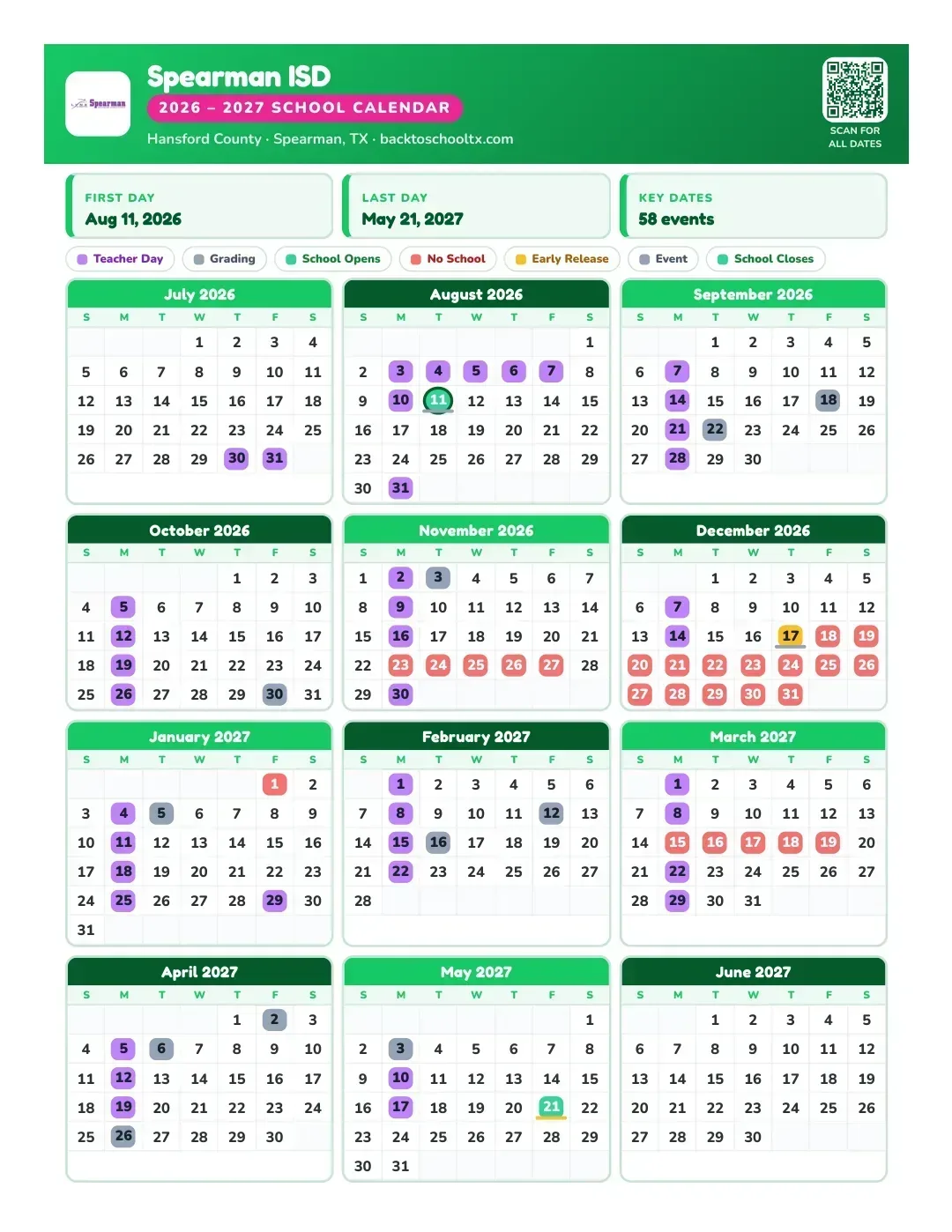 Spearman ISD Calendar for the Year 26-27