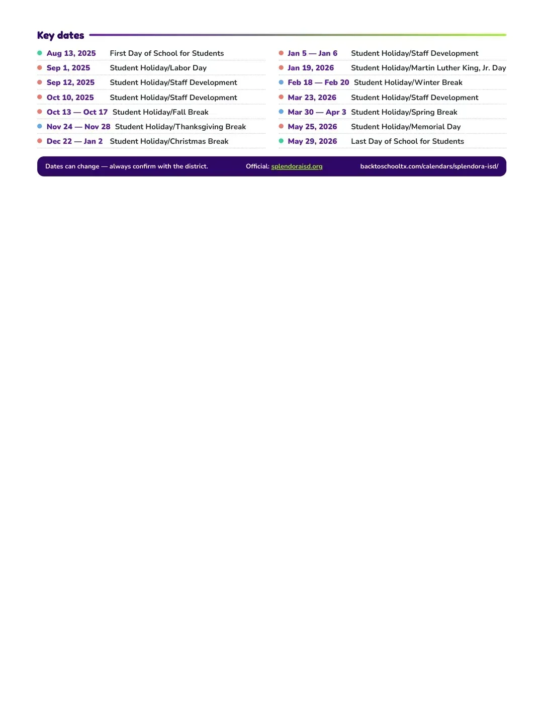 Splendora ISD Calendar for the Year 26-27 — key dates