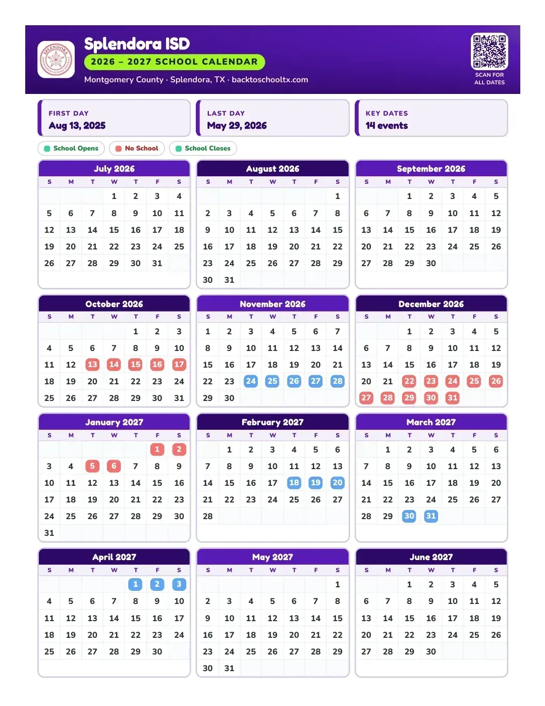 Splendora ISD Calendar for the Year 26-27