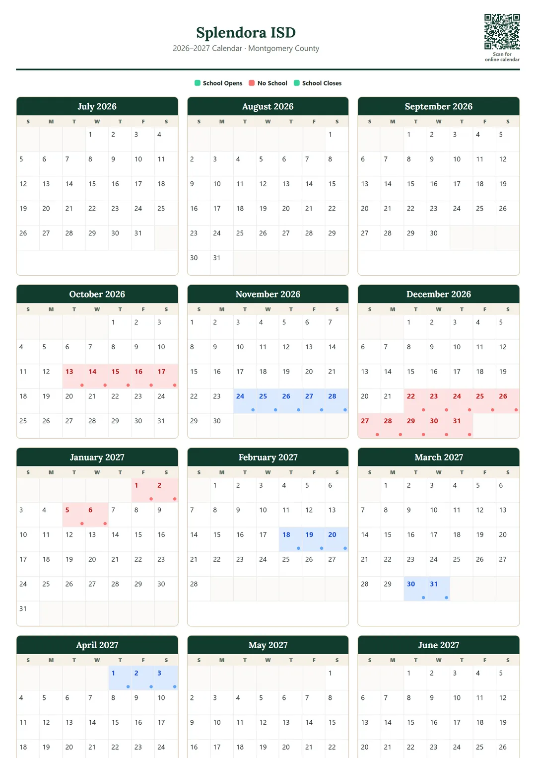 Splendora ISD printable 2026–2027 calendar