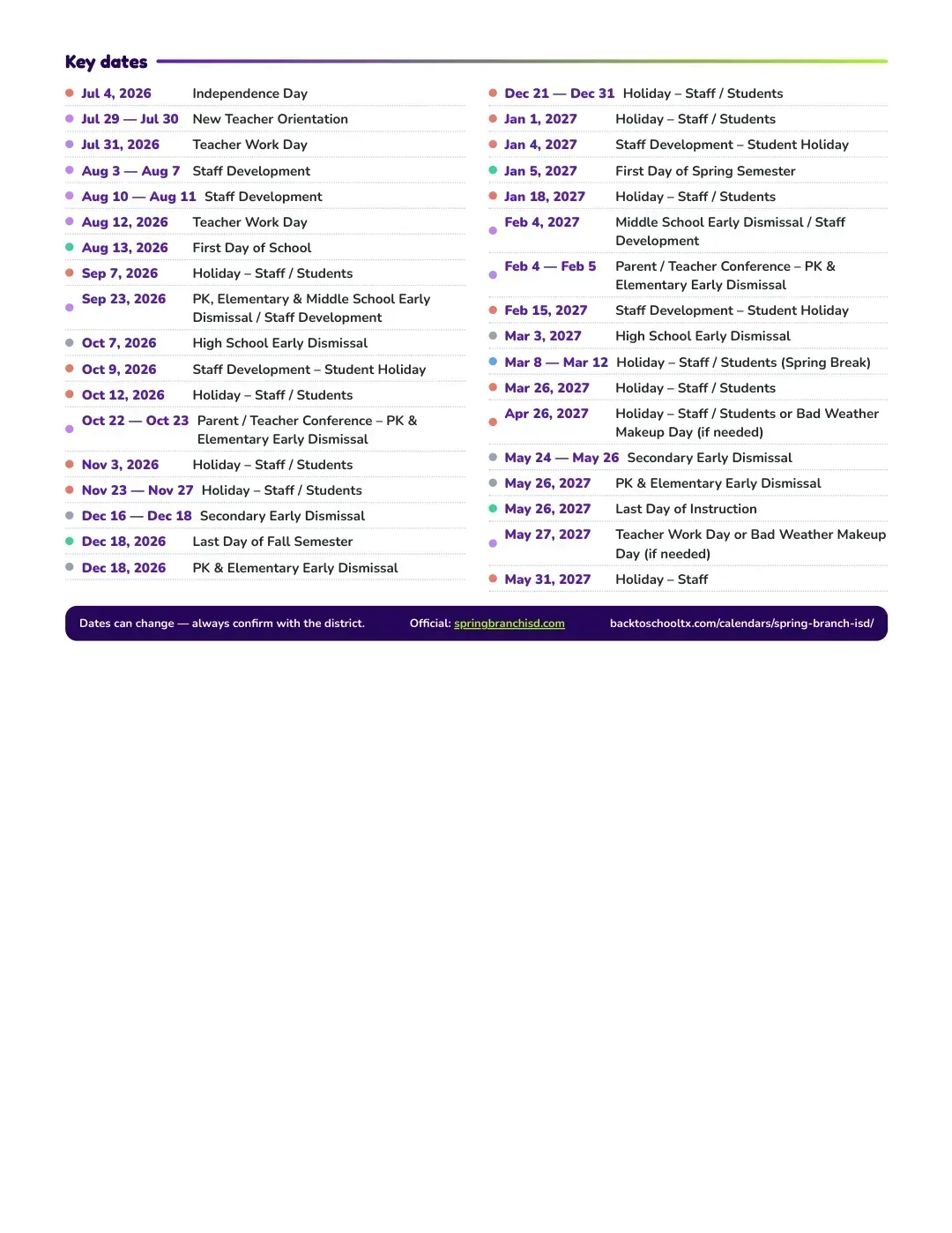 Spring Branch ISD Calendar for the Year 26-27 — key dates