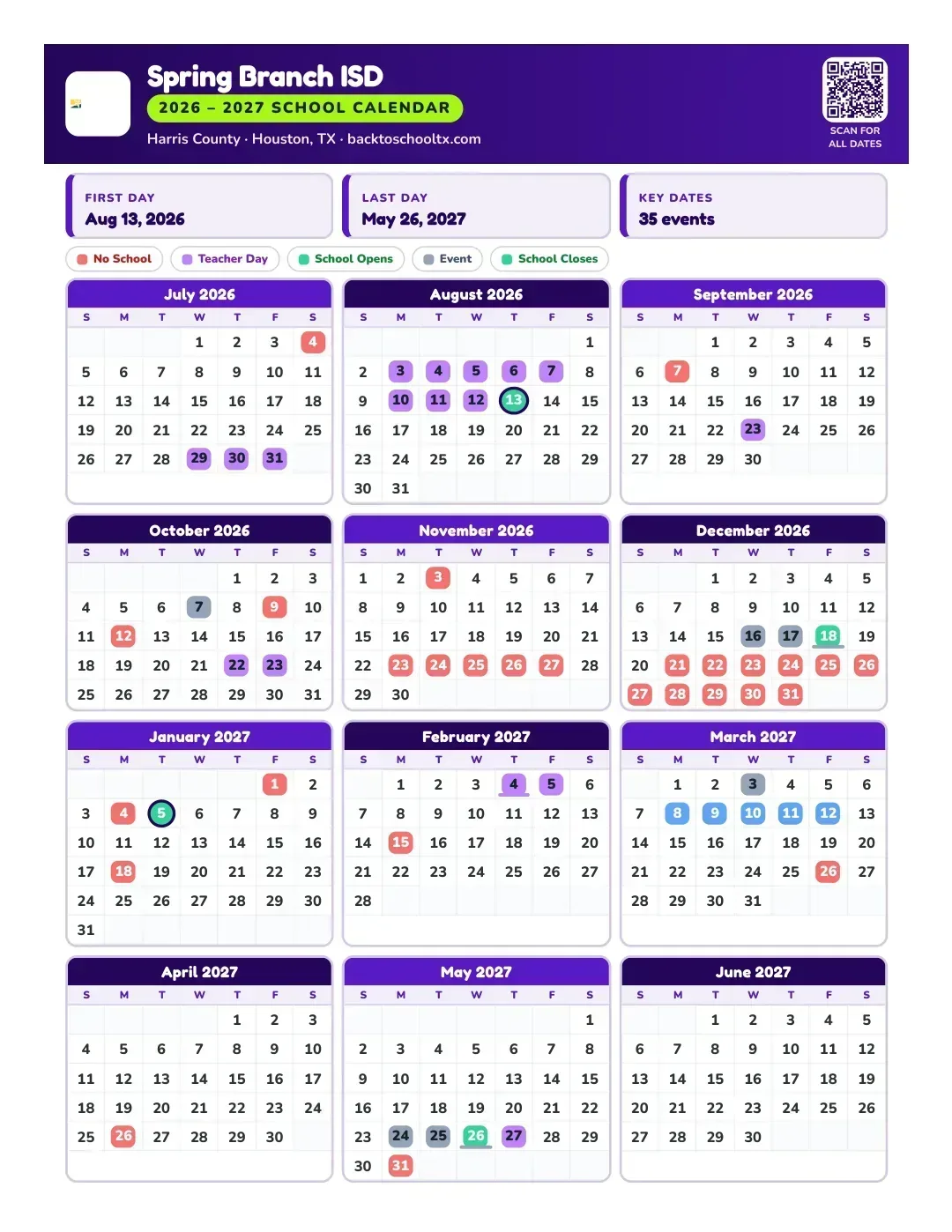 Spring Branch ISD Calendar for the Year 26-27