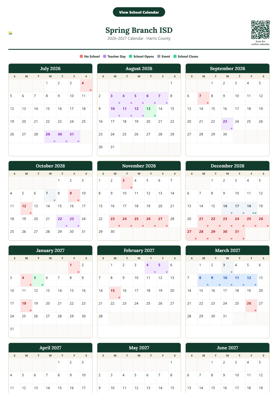 Spring Branch ISD printable 2026–2027 calendar