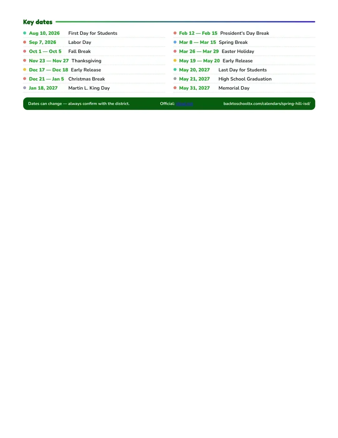 Spring Hill ISD Calendar for the Year 26-27 — key dates
