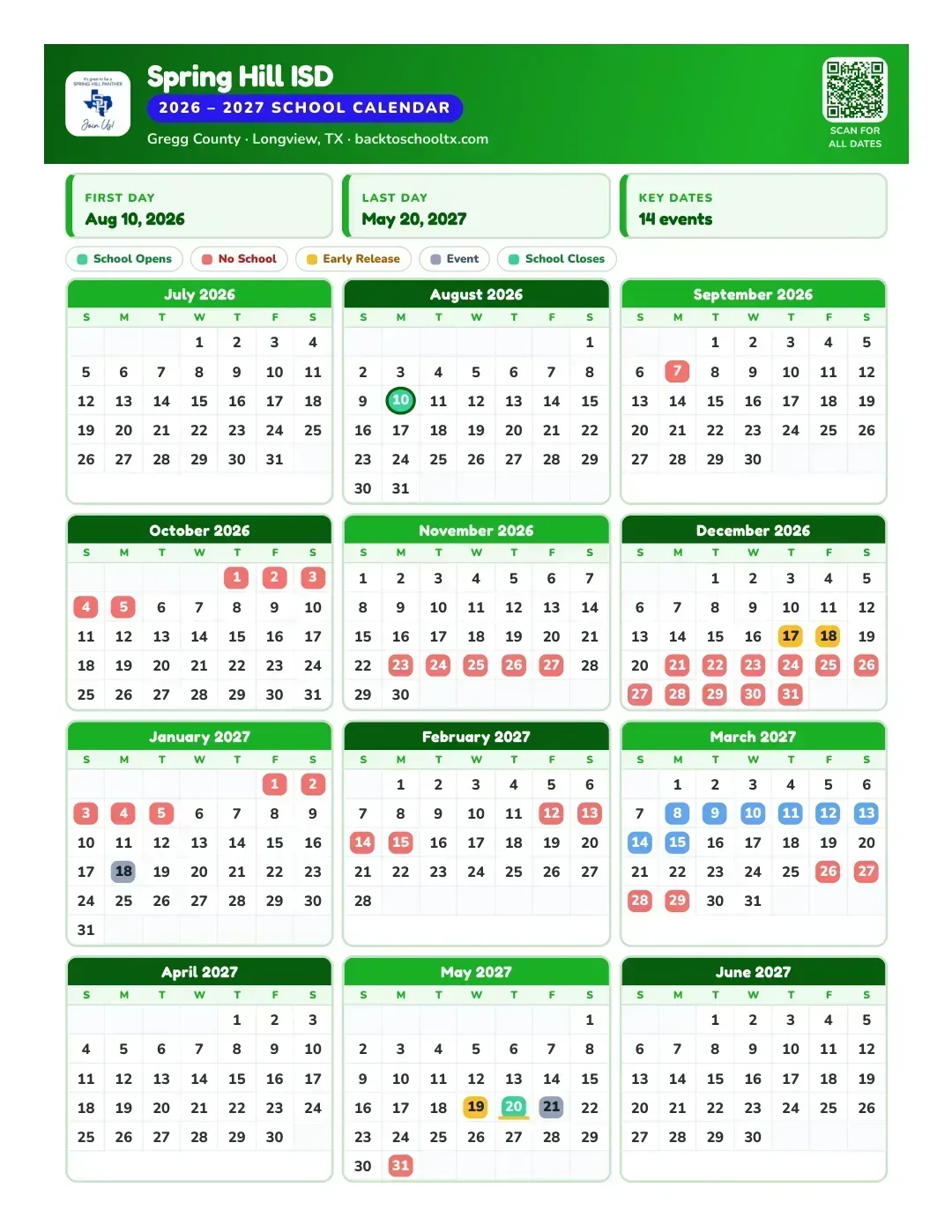 Spring Hill ISD Calendar for the Year 26-27