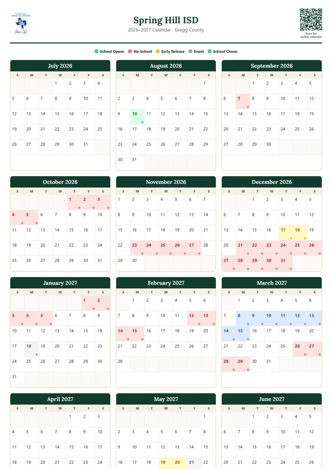 Spring Hill ISD printable 2026–2027 calendar