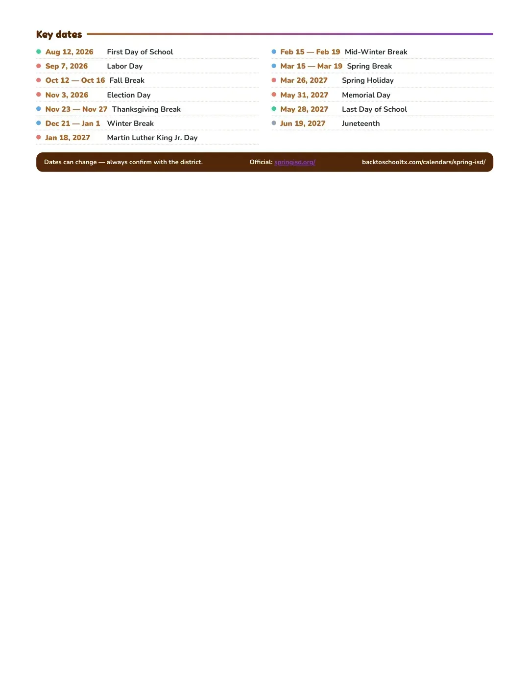 Spring ISD Calendar for the Year 26-27 — key dates