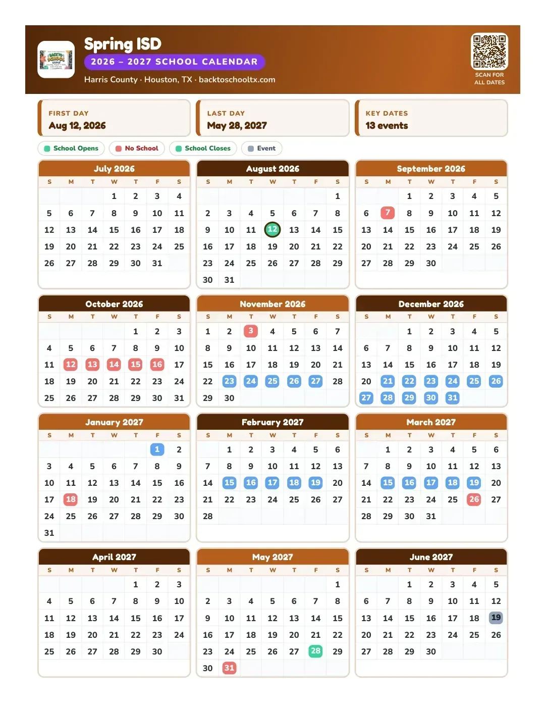 Spring ISD Calendar for the Year 26-27