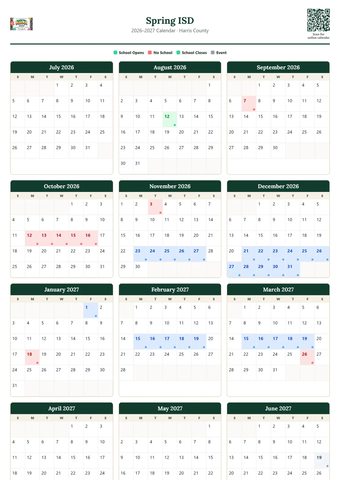 Spring ISD printable 2026–2027 calendar