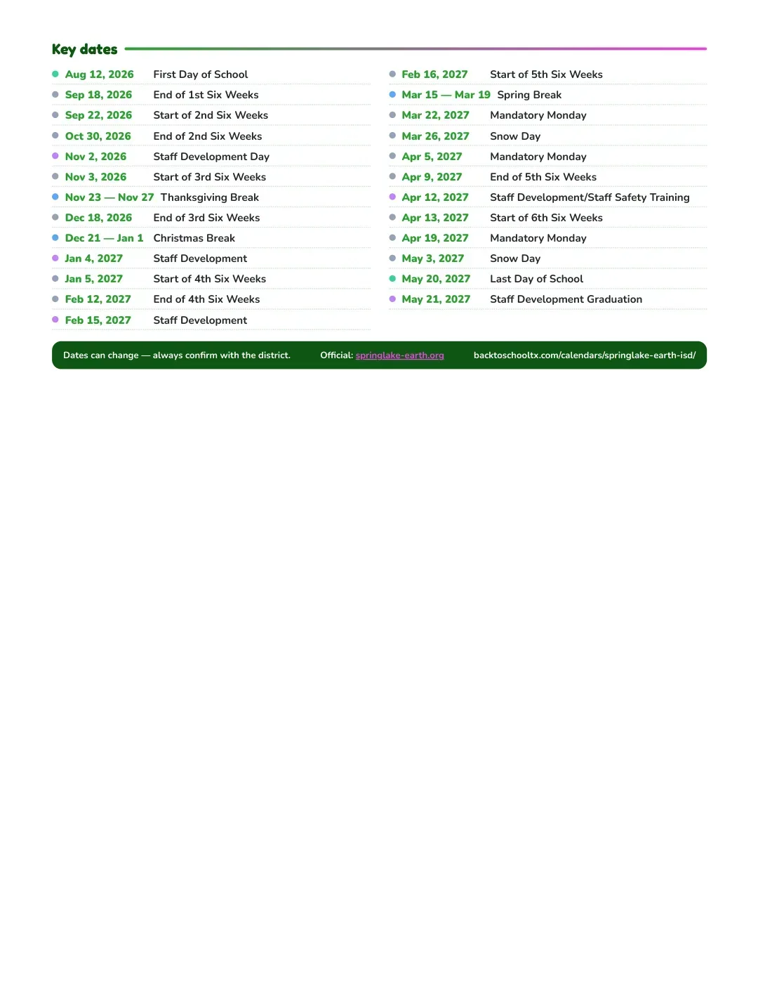 Springlake-earth ISD Calendar for the Year 26-27 — key dates