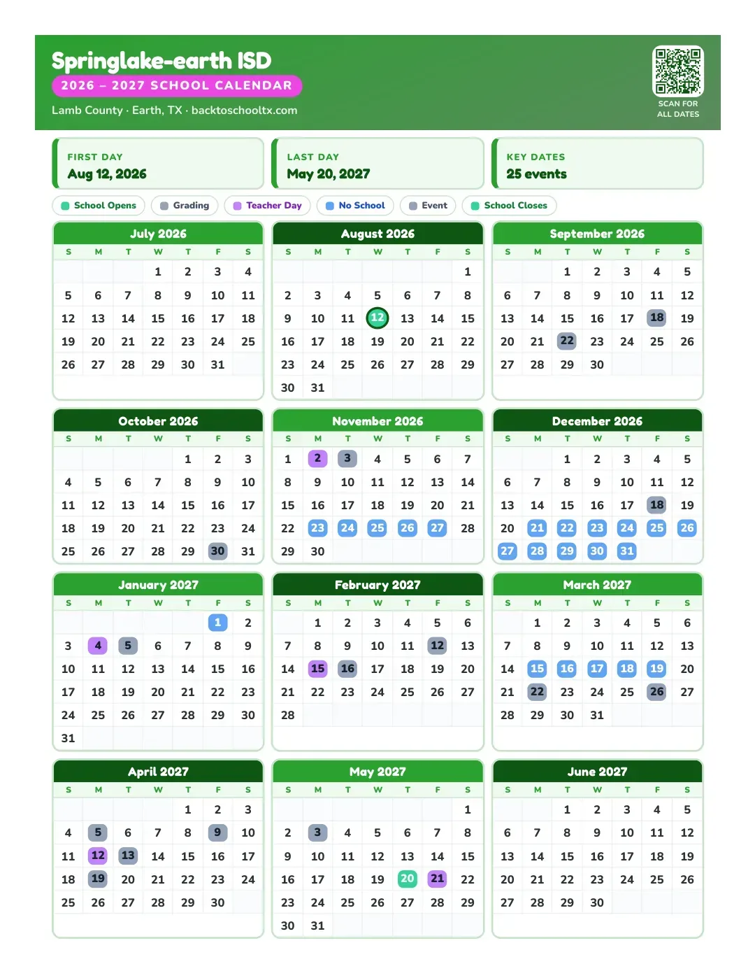 Springlake-earth ISD Calendar for the Year 26-27