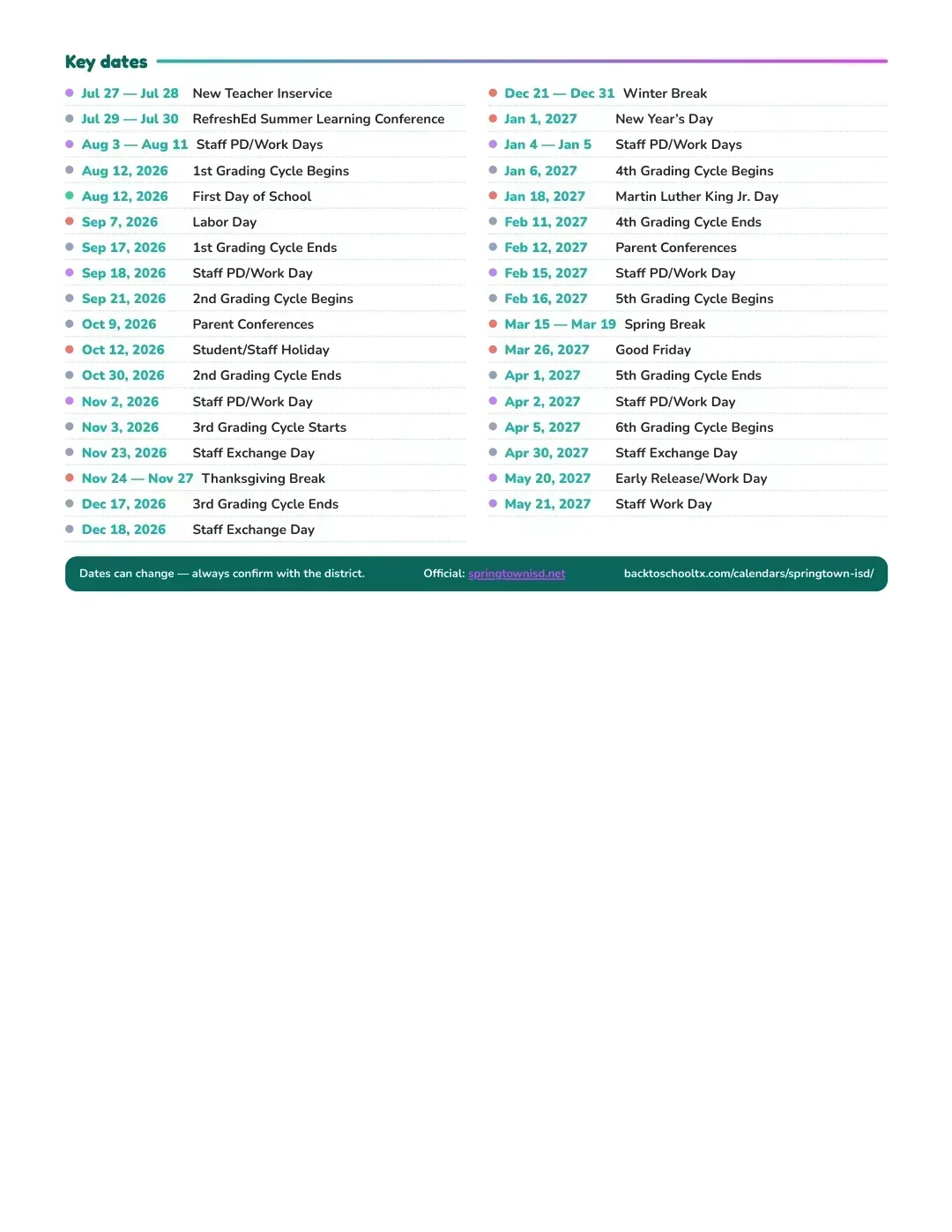 Springtown ISD Calendar for the Year 26-27 — key dates