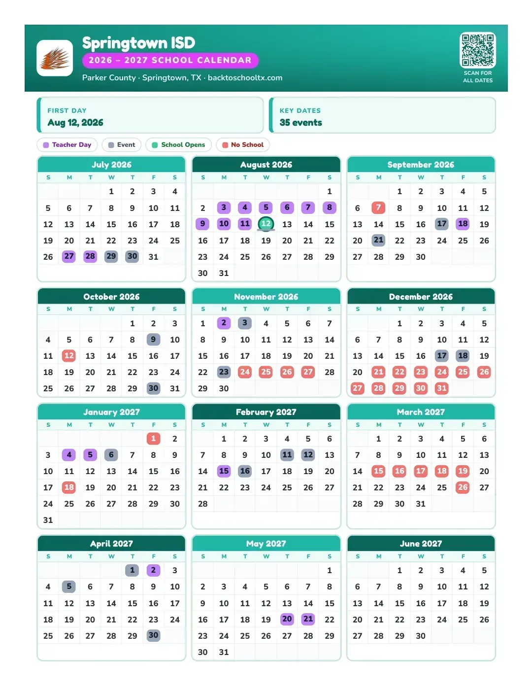 Springtown ISD Calendar for the Year 26-27