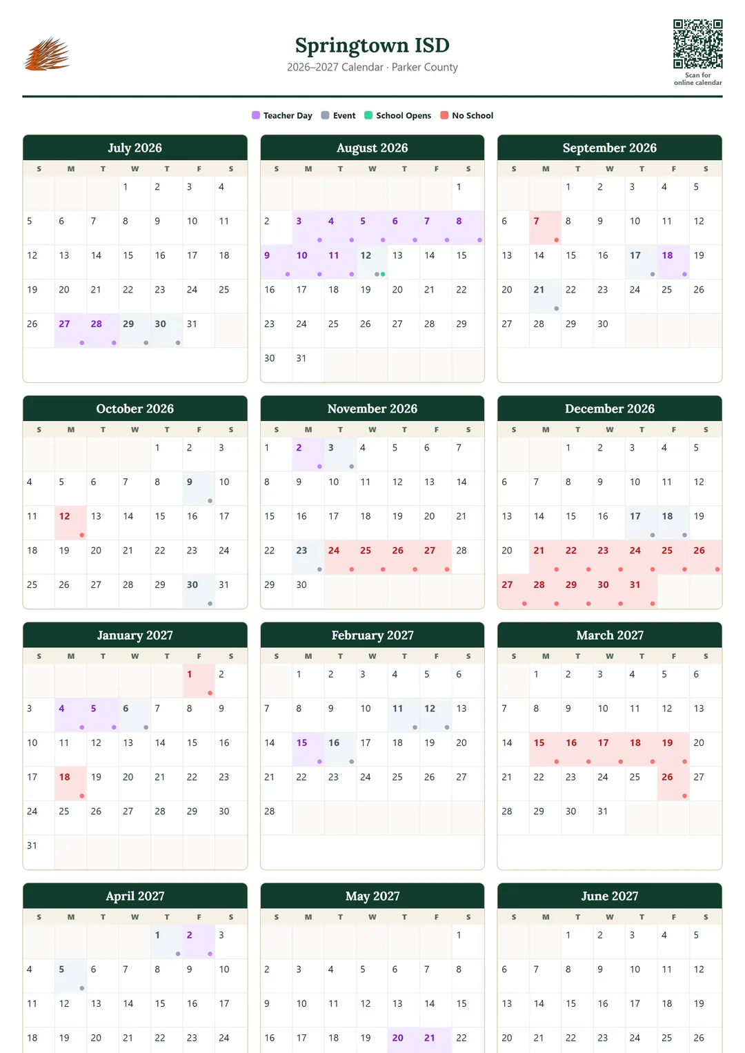 Springtown ISD printable 2026–2027 calendar
