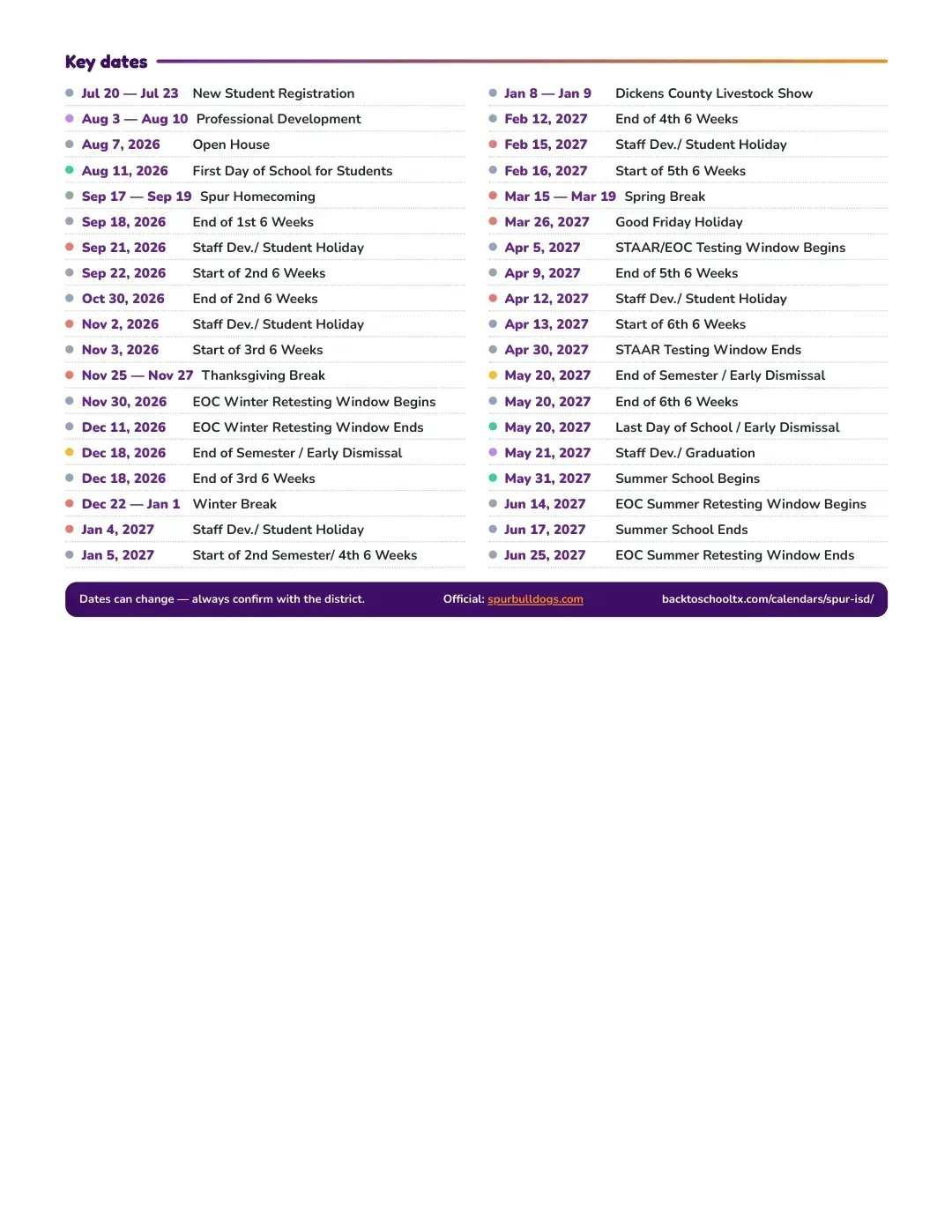 Spur ISD Calendar for the Year 26-27 — key dates