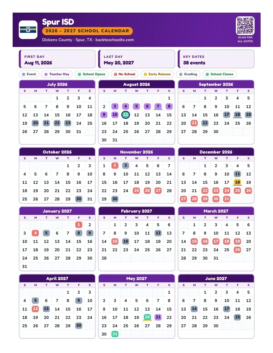 Spur ISD Calendar for the Year 26-27