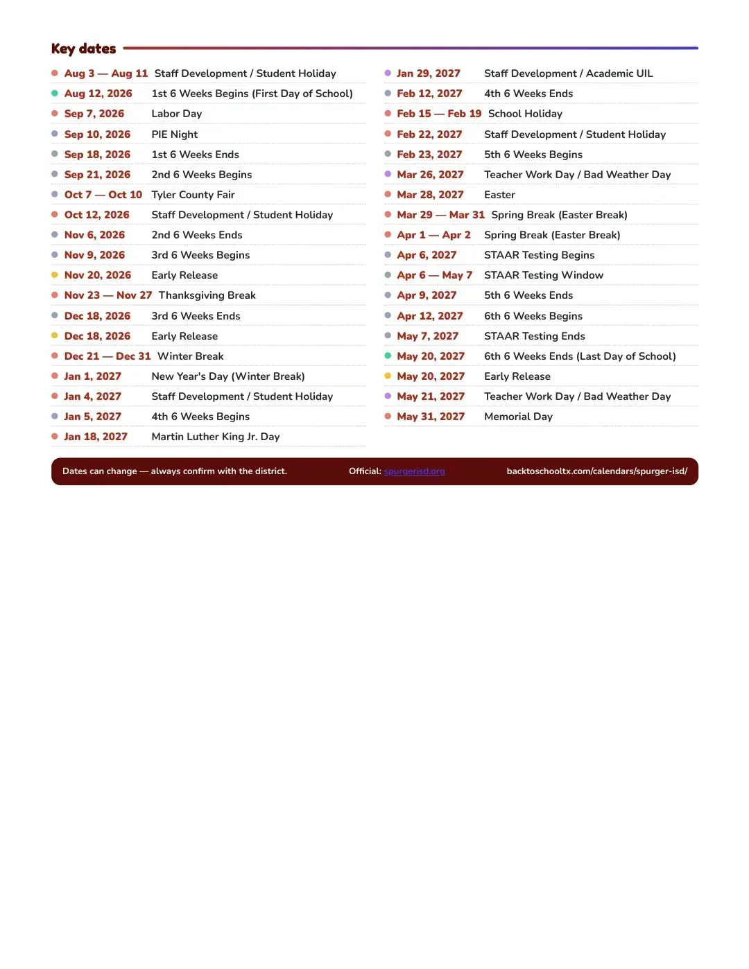Spurger ISD Calendar for the Year 26-27 — key dates