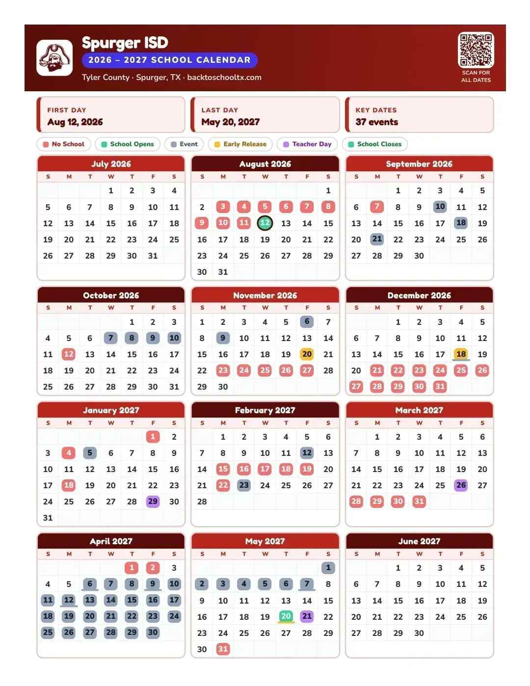 Spurger ISD Calendar for the Year 26-27
