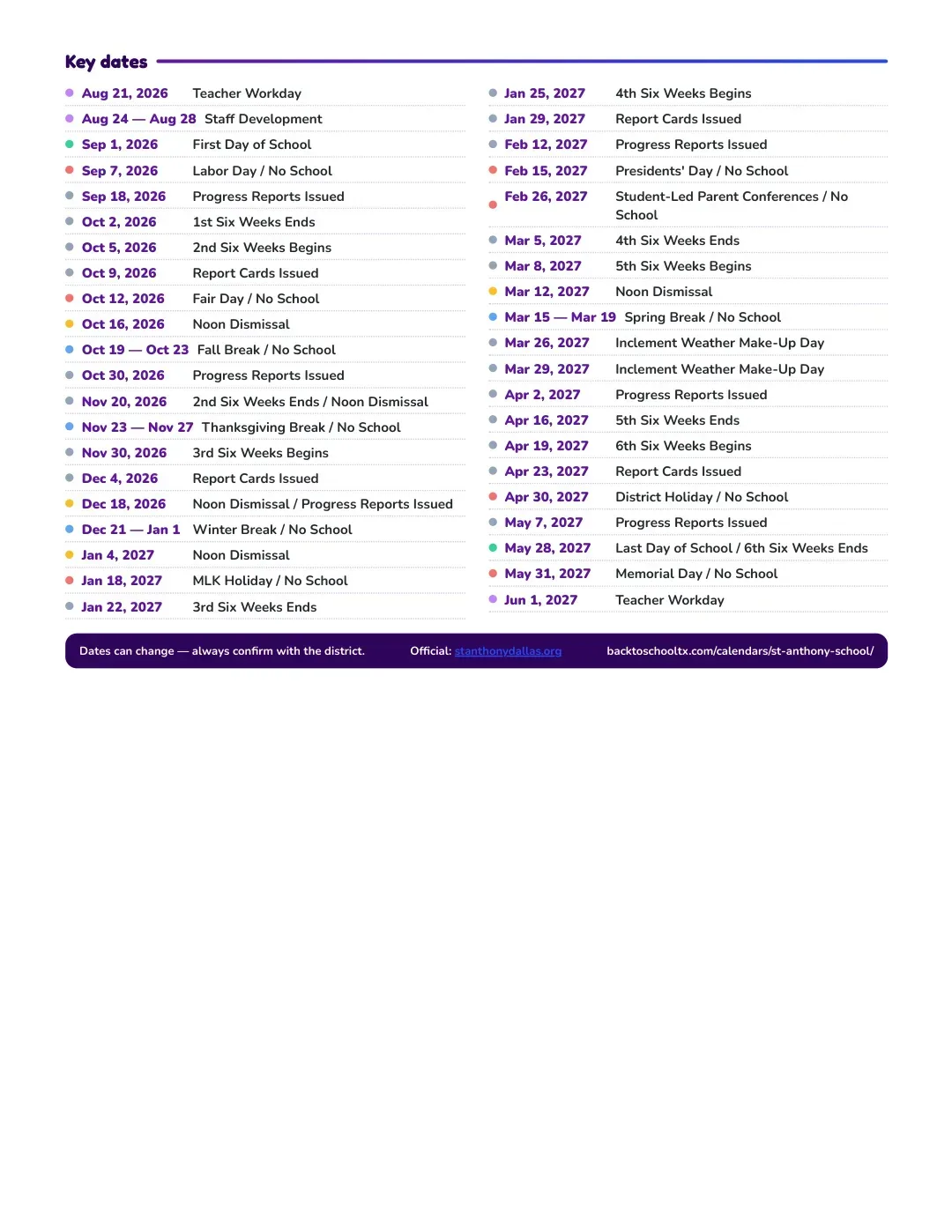 St Anthony School Calendar for the Year 26-27 — key dates
